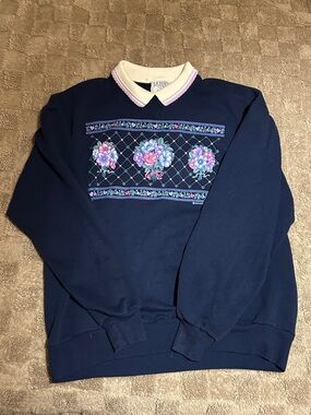 Women’s Vintage Grandmacore Navy Floral Morning Sun Sweater with collar